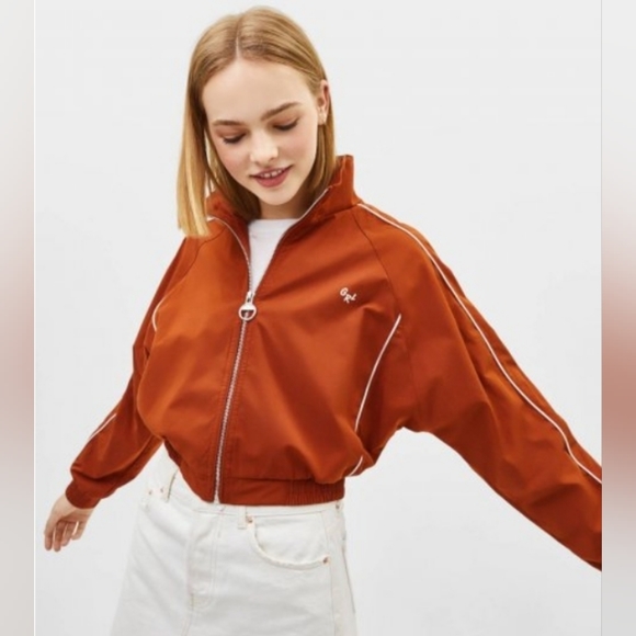 Bershka Orange Zipper Crop Jacket White Stripe Sz L Preppy Revival Tenniscore - Picture 9 of 13